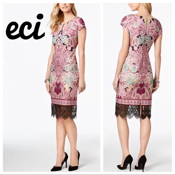Eci Womens Lace Trim Printed Cocktail Dress Pink M